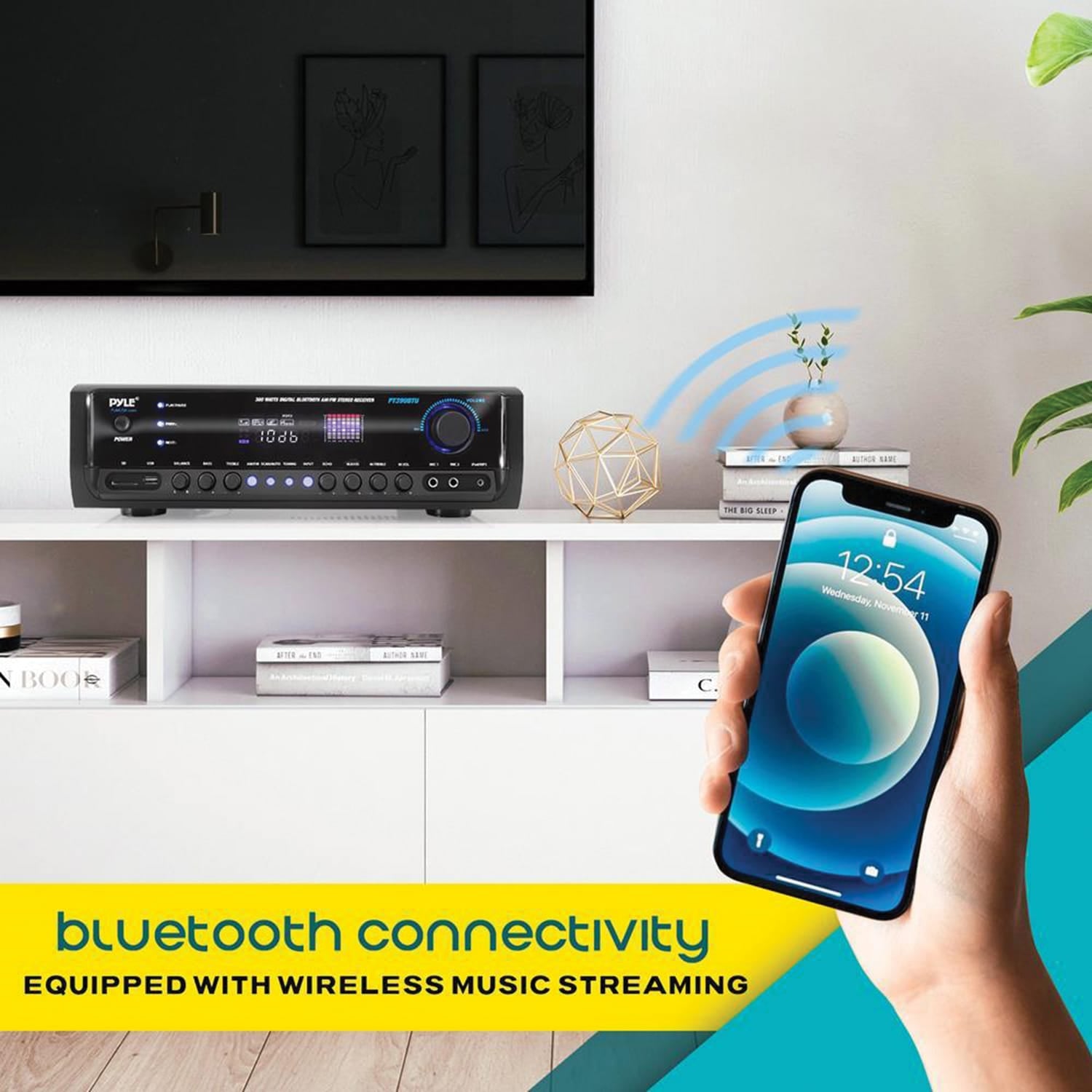Pyle 4-Channel 300-Watt-Max Bluetooth Amplifier/Receiver with 2 Mic Inputs, AM/FM Radio, USB, SD, Aux, and Remote, PT390BTU