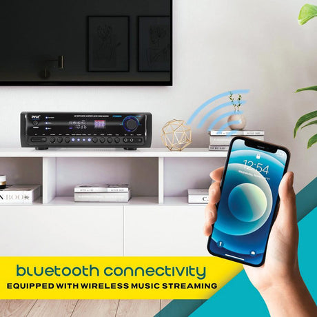 Pyle 4-Channel 300-Watt-Max Bluetooth Amplifier/Receiver with 2 Mic Inputs, AM/FM Radio, USB, SD, Aux, and Remote, PT390BTU