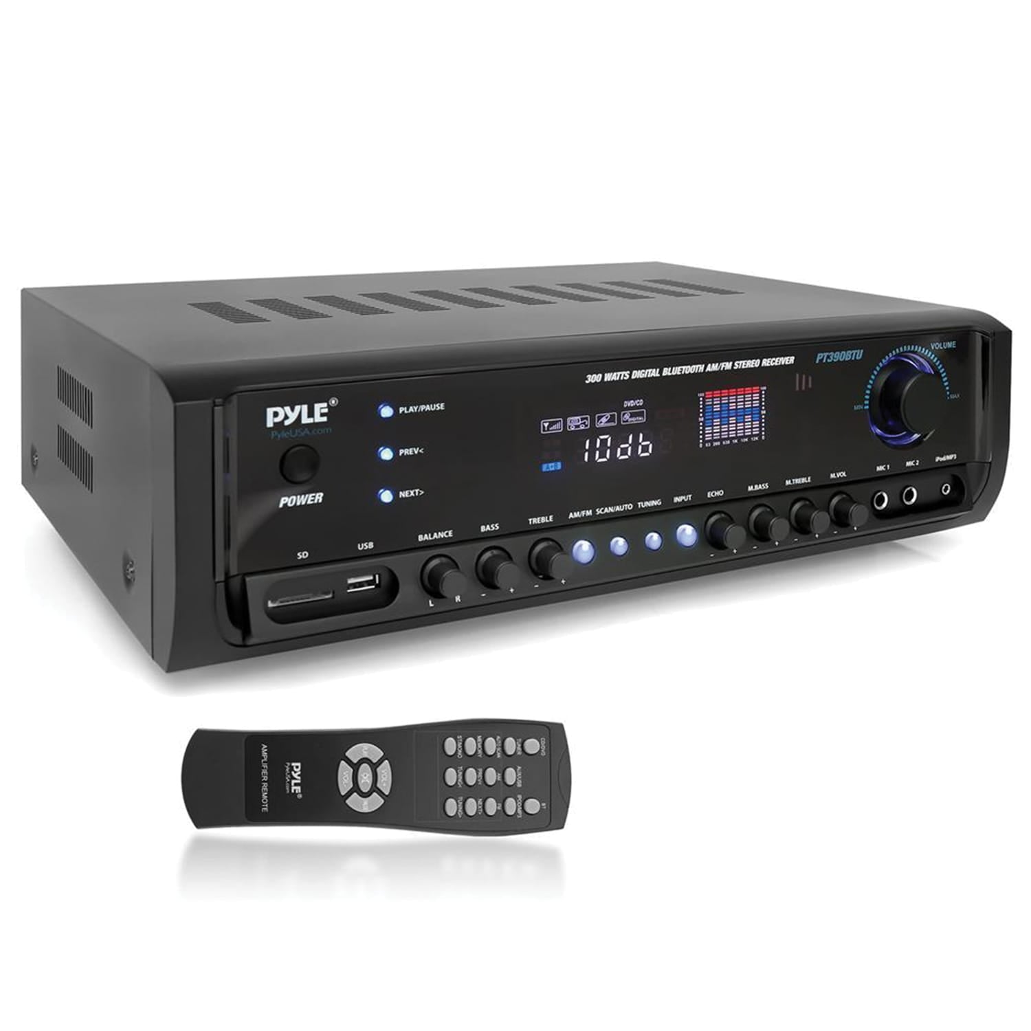 Pyle 4-Channel 300-Watt-Max Bluetooth Amplifier/Receiver with 2 Mic Inputs, AM/FM Radio, USB, SD, Aux, and Remote, PT390BTU