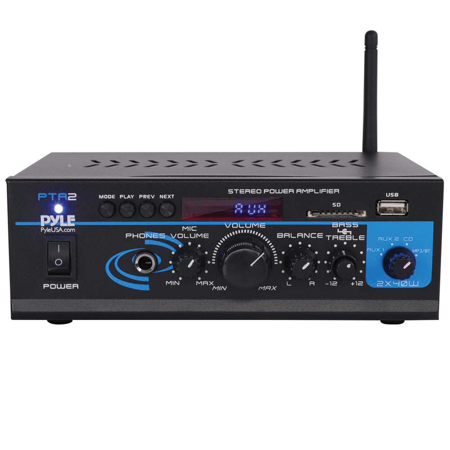 Pyle 80-Watt 2.0-Channel Mini Amplifier/Mixer/Pager with Bluetooth, Mic Input, FM Radio, USB, SD Card, Aux, and Remote, PTA2