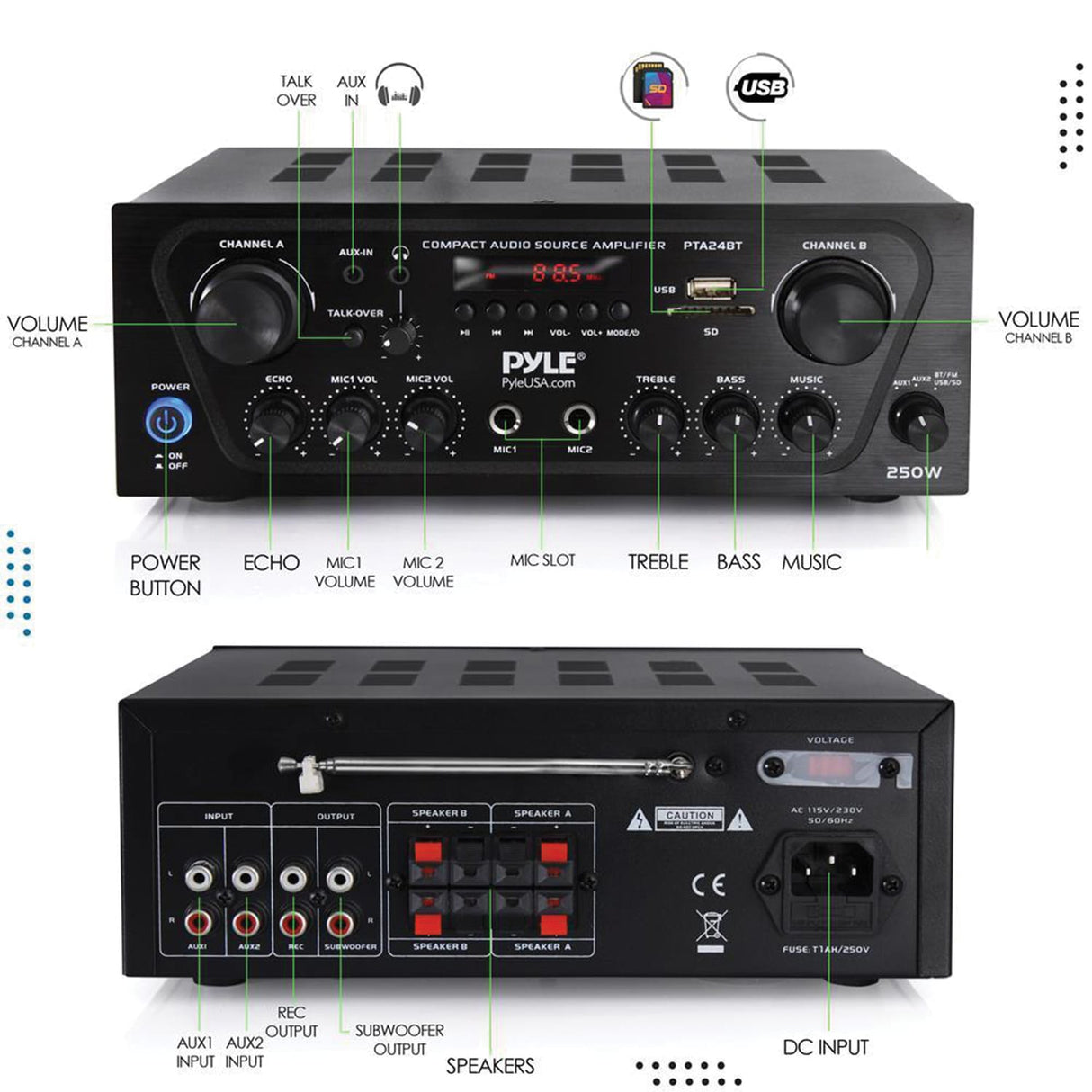 Pyle 2.0-Channel 250-Watt-Max Bluetooth Stereo Amplifier/Receiver with 2 Mic Inputs, Sub Out, FM Radio, USB, microSD, and Remote, PTA24BT