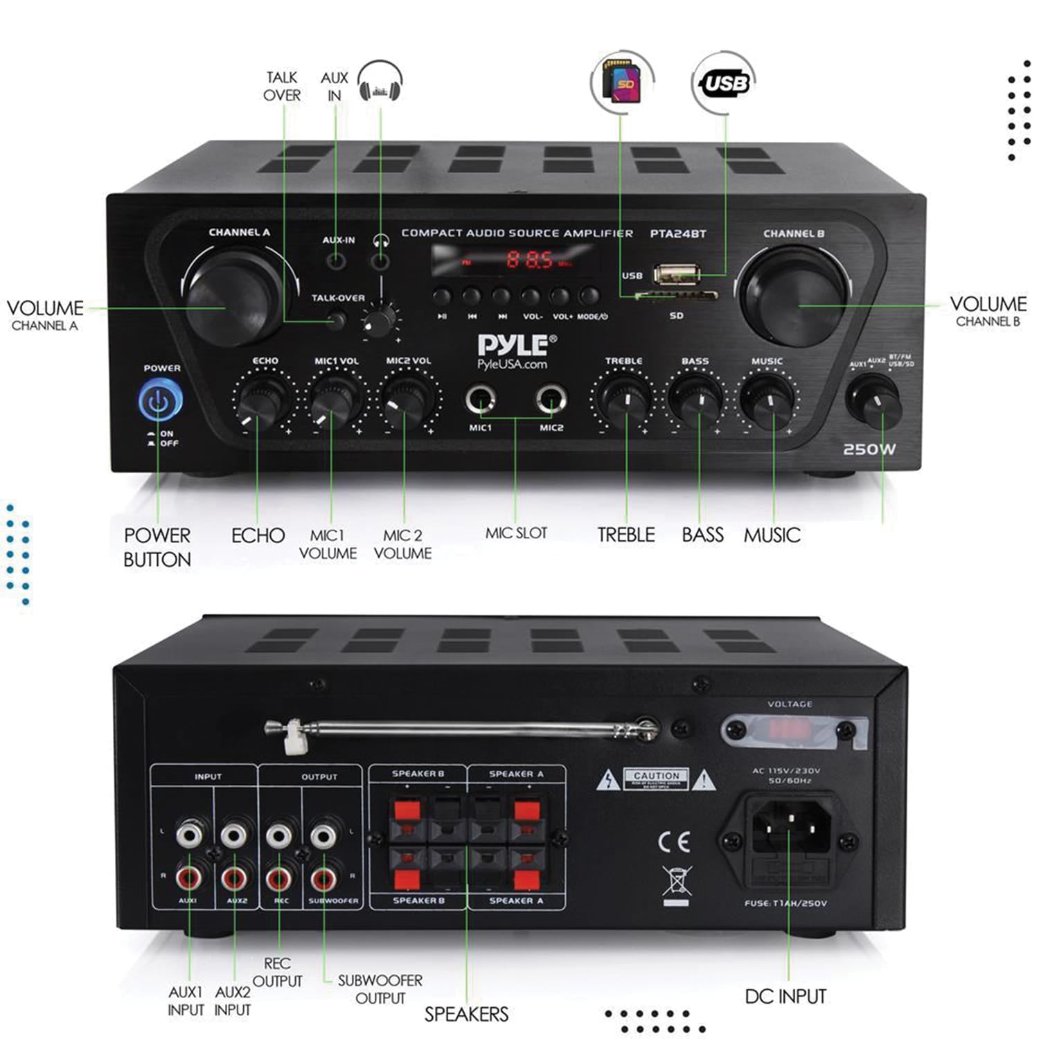 Pyle 2.0-Channel 250-Watt-Max Bluetooth Stereo Amplifier/Receiver with 2 Mic Inputs, Sub Out, FM Radio, USB, microSD, and Remote, PTA24BT