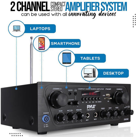 Pyle 2.0-Channel 250-Watt-Max Bluetooth Stereo Amplifier/Receiver with 2 Mic Inputs, Sub Out, FM Radio, USB, microSD, and Remote, PTA24BT