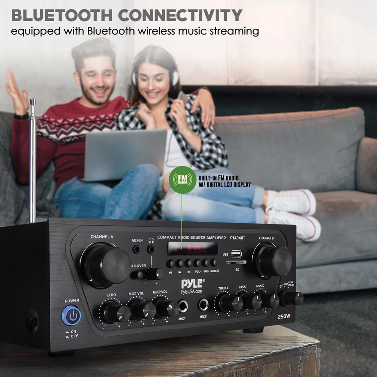 Pyle 2.0-Channel 250-Watt-Max Bluetooth Stereo Amplifier/Receiver with 2 Mic Inputs, Sub Out, FM Radio, USB, microSD, and Remote, PTA24BT