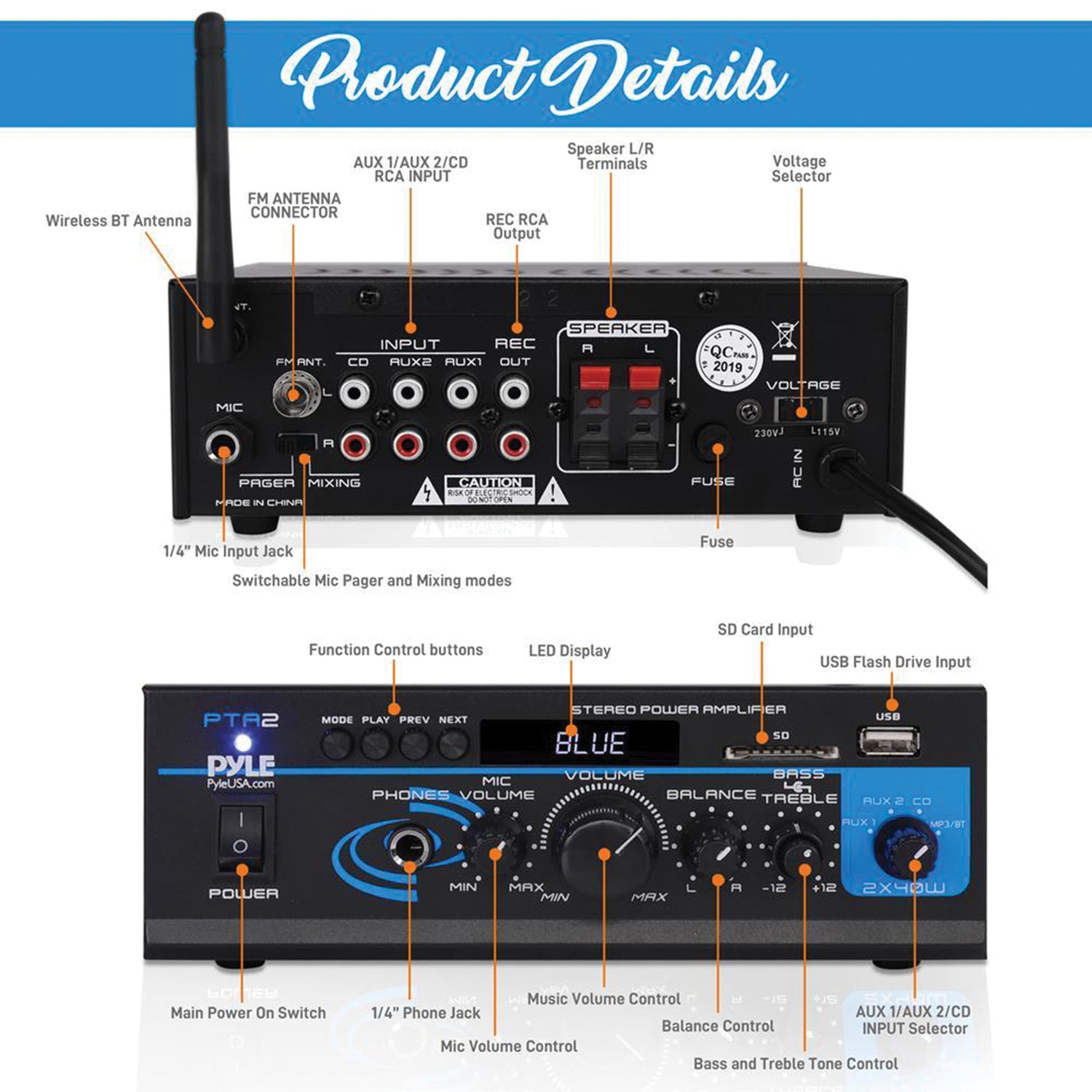 Pyle 80-Watt 2.0-Channel Mini Amplifier/Mixer/Pager with Bluetooth, Mic Input, FM Radio, USB, SD Card, Aux, and Remote, PTA2