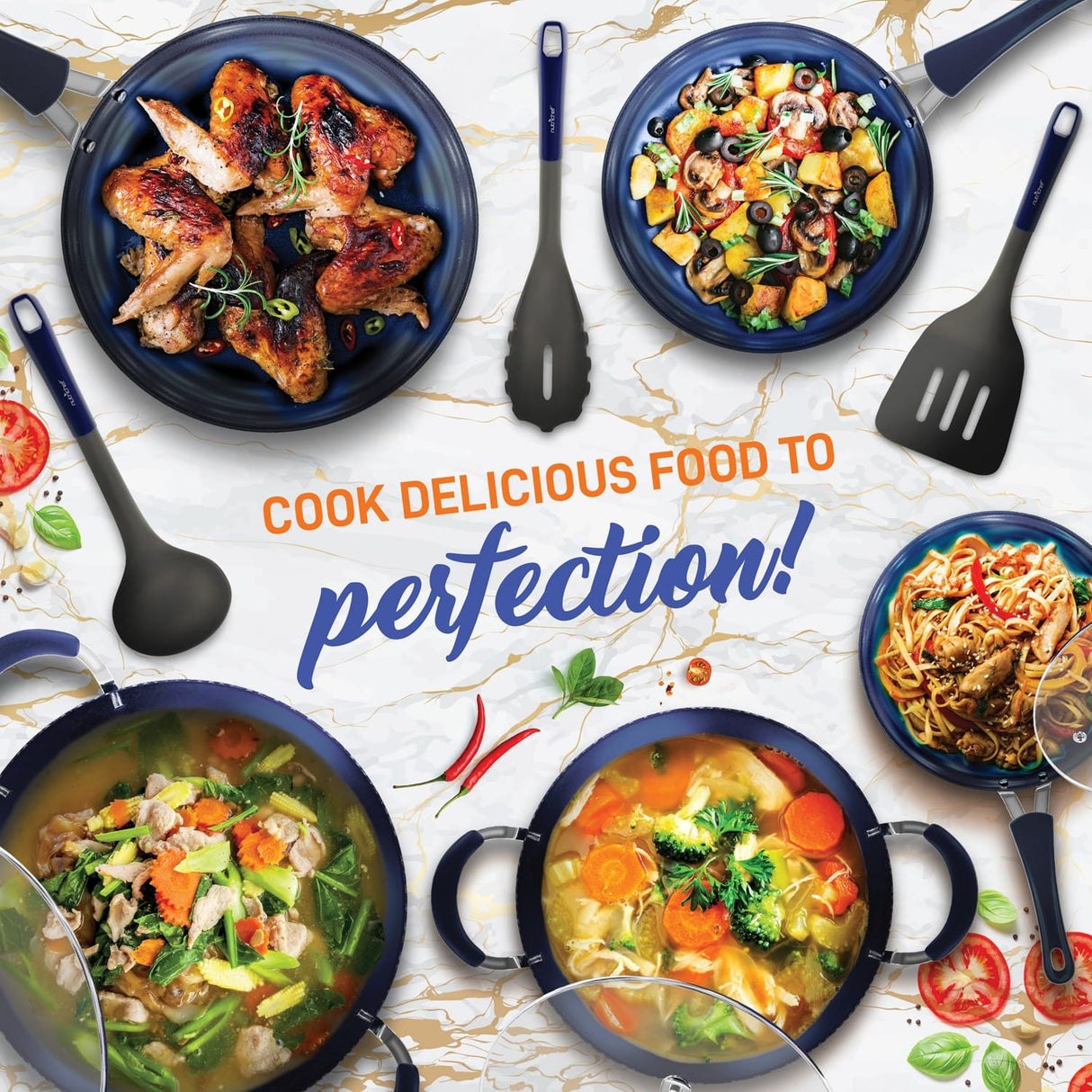 NutriChef Diamond Home Kitchen Cookware Set, Dark Blue