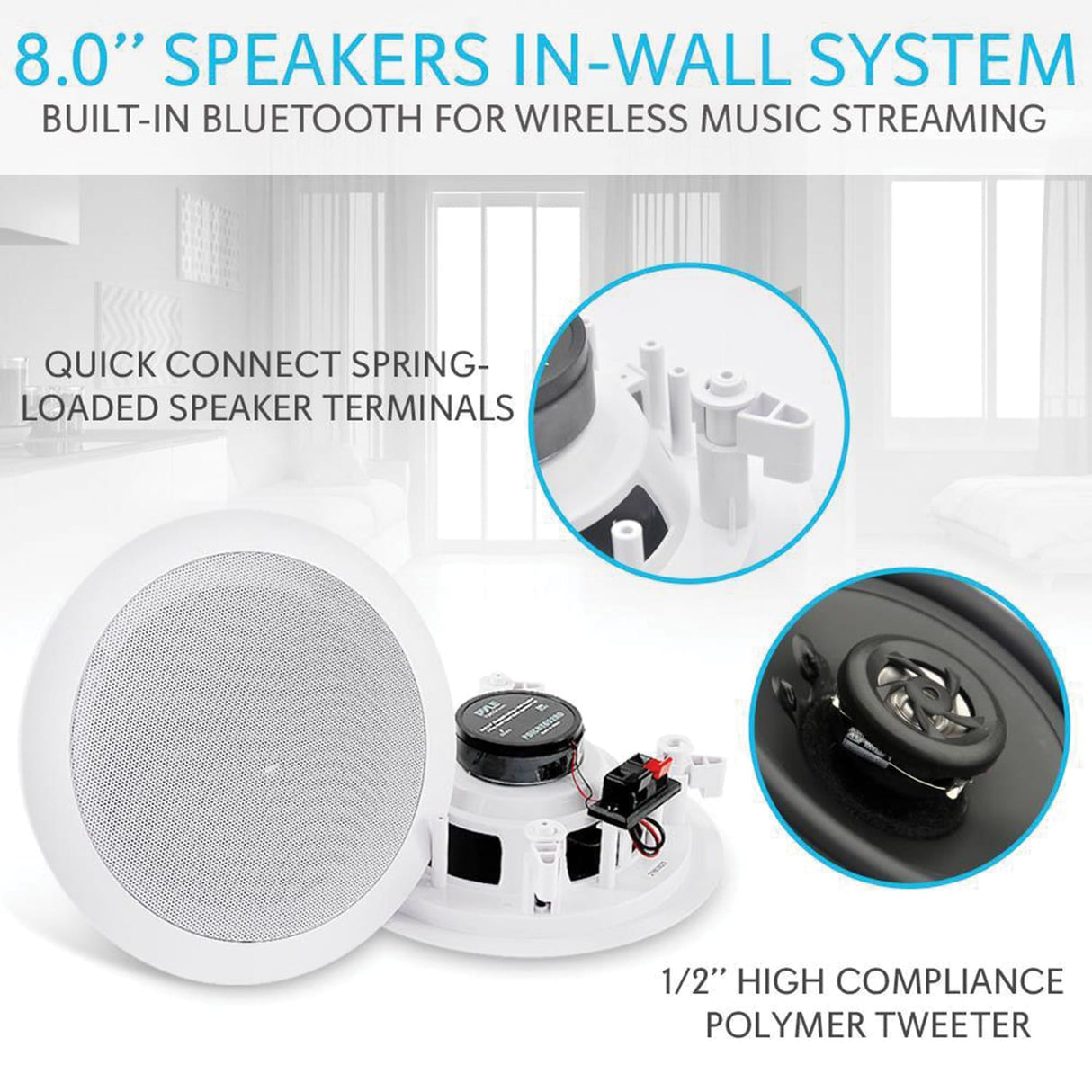 Pyle 8-In. 250-Watt-Max Bluetooth In-Ceiling/In-Wall Speaker Pair with Polypropylene Woofer and Fixed Polymer Tweeter, 8 Ohms