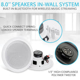 Pyle 8-In. 250-Watt-Max Bluetooth In-Ceiling/In-Wall Speaker Pair with Polypropylene Woofer and Fixed Polymer Tweeter, 8 Ohms