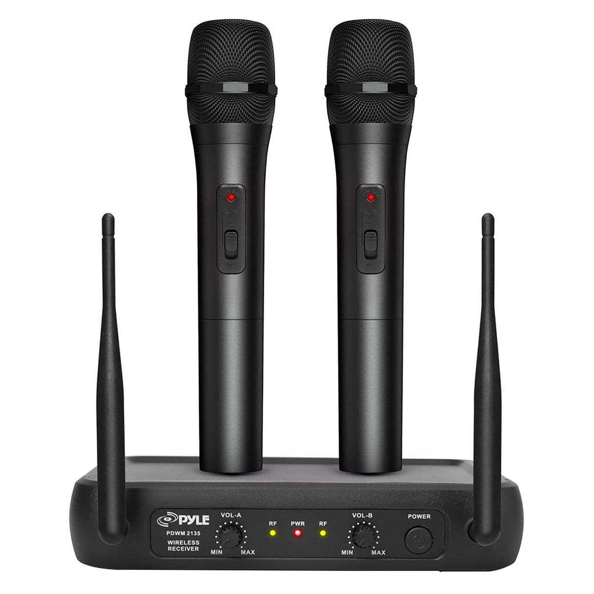 Pyle VHF Dual-Channel Fixed-Frequency Wireless Microphone System with 2 Handheld Microphones, Adjustable Volume, PDWM2135