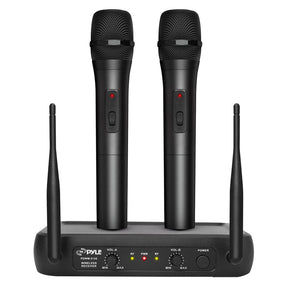 Pyle VHF Dual-Channel Fixed-Frequency Wireless Microphone System with 2 Handheld Microphones, Adjustable Volume, PDWM2135