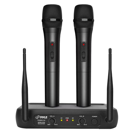 Pyle VHF Dual-Channel Fixed-Frequency Wireless Microphone System with 2 Handheld Microphones, Adjustable Volume, PDWM2135
