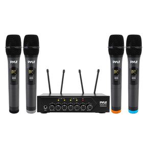Pyle Home and Office UHF 50-Channel Wireless Microphone System with 4 Handheld Microphones, Bluetooth Input, Adjustable Volume, PDWM4120