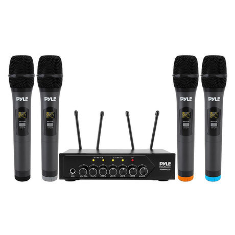 Pyle Home and Office UHF 50-Channel Wireless Microphone System with 4 Handheld Microphones, Bluetooth Input, Adjustable Volume, PDWM4120