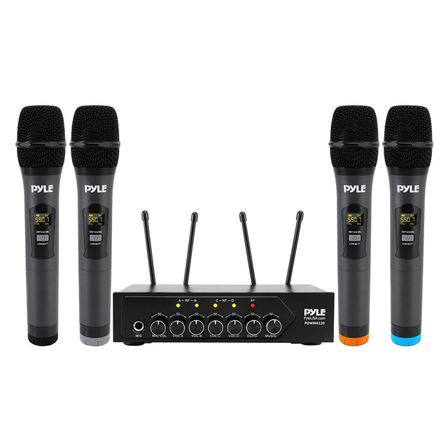 Pyle Home and Office UHF 50-Channel Wireless Microphone System with 4 Handheld Microphones, Bluetooth Input, Adjustable Volume, PDWM4120