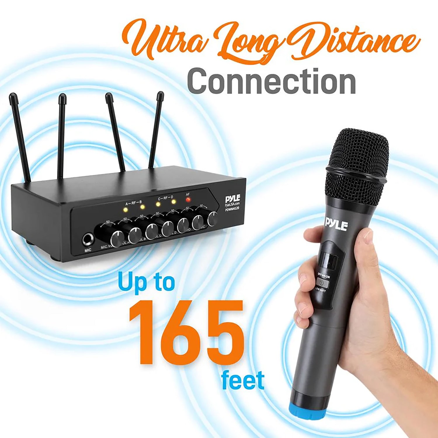 Pyle Home and Office UHF 50-Channel Wireless Microphone System with 4 Handheld Microphones, Bluetooth Input, Adjustable Volume, PDWM4120