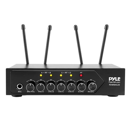 Pyle Home and Office UHF 50-Channel Wireless Microphone System with 4 Handheld Microphones, Bluetooth Input, Adjustable Volume, PDWM4120