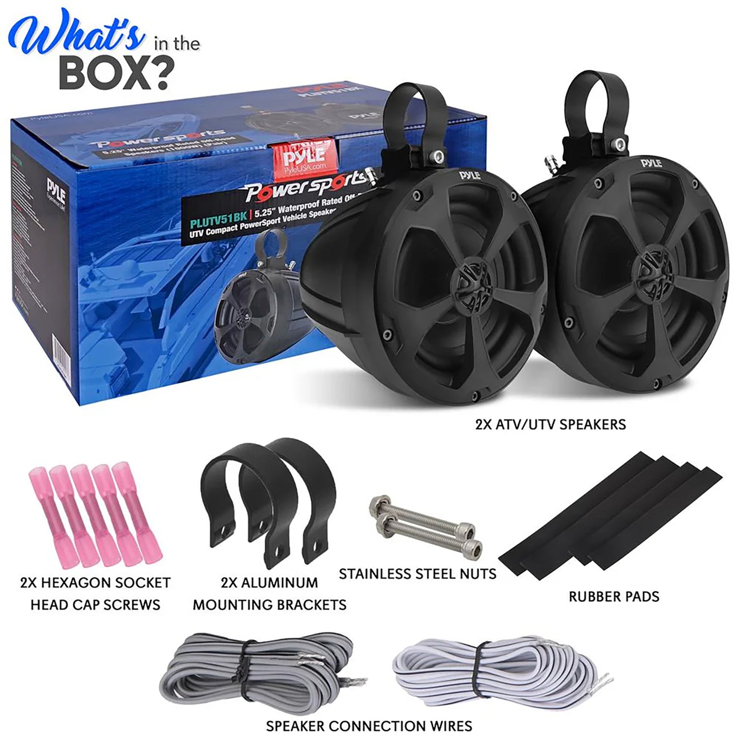 Pyle PLUTV51BK 5.25-In. 2-Way Full-Range Marine/UTV/Powersport Off-Road Speakers, 1000 Watts, 4 Ohms, Waterproof, Universal Brackets, Pair