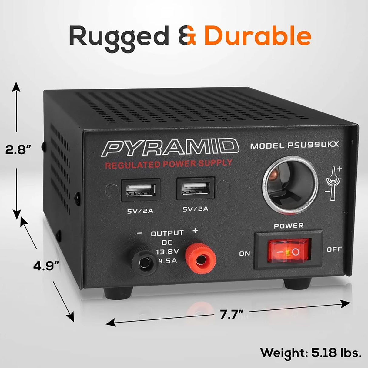 Pyramid Car Audio Hobbyist Desktop Bench Power Supply, AC to DC Power Converter with Dual USB Charging Ports and 12-Volt 4.5-Amp Plug, PSU990KX