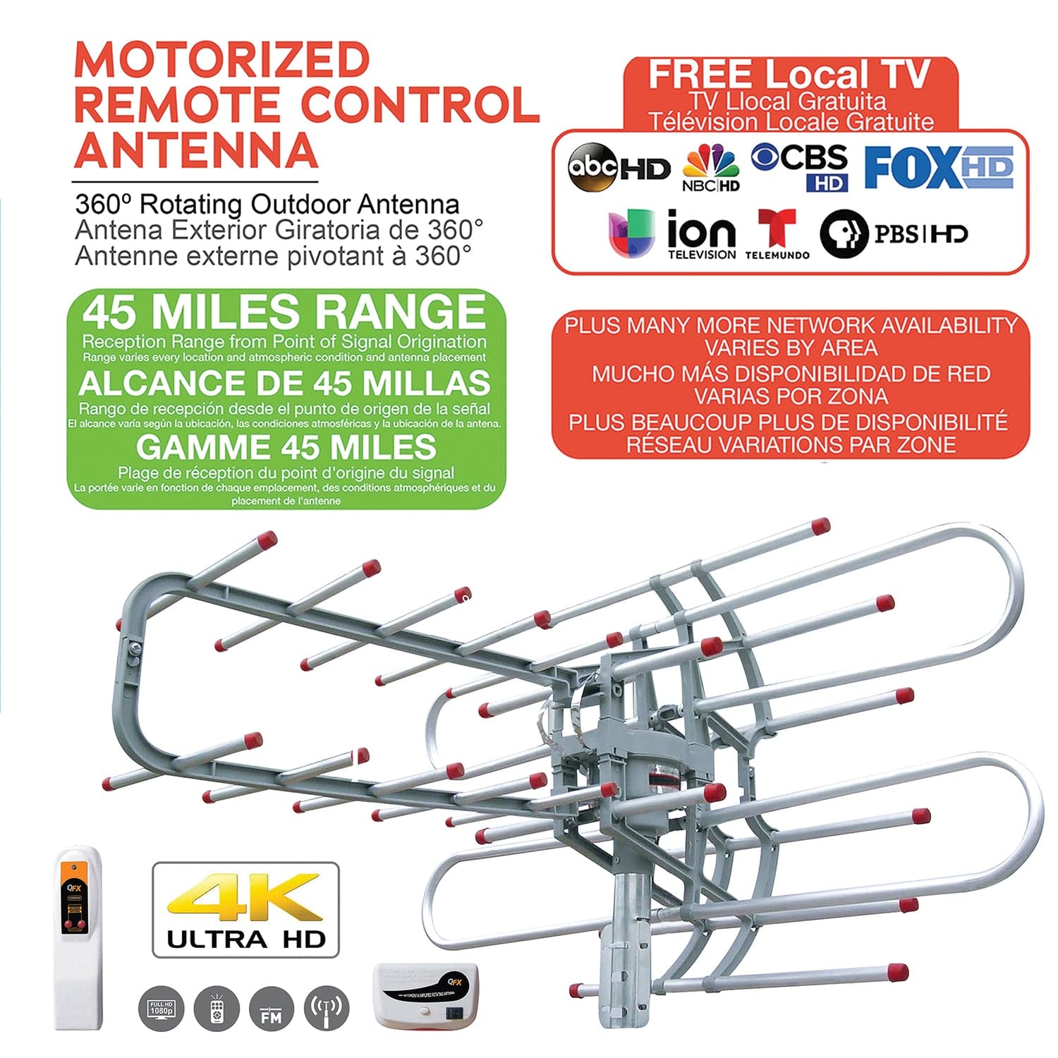 QFX HD/DTV/UHF/VHF/FM 360° Rotating Outdoor Antenna