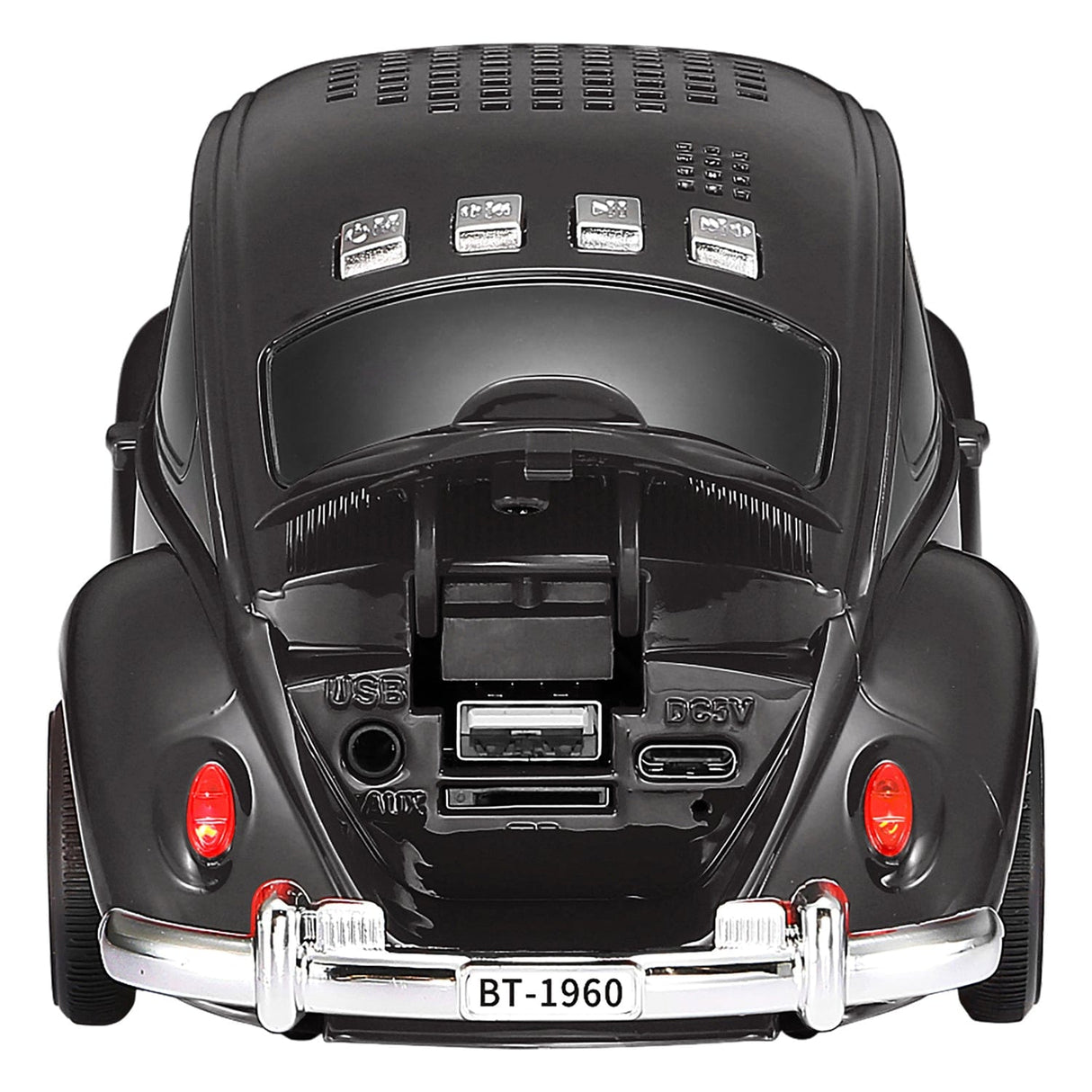 QFX BT-1960 Retro Car Portable Bluetooth Speaker with Speakerphone, True Wireless, FM Radio, and LED Party Lights, Black