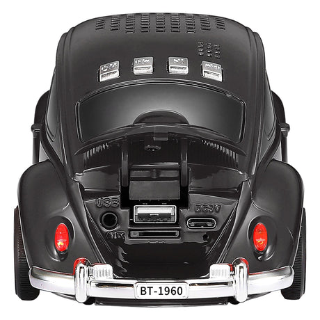 QFX BT-1960 Retro Car Portable Bluetooth Speaker with Speakerphone, True Wireless, FM Radio, and LED Party Lights, Black
