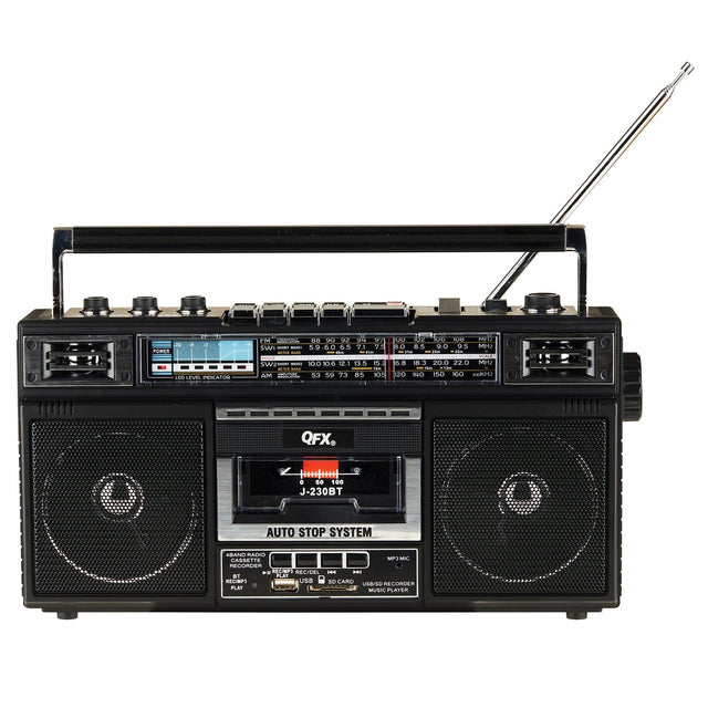 QFX Bluetooth Cassette USB/SD Card/AM/FM/SW1-2 Radio Boom Box with USB Recording and Built-in Microphone, Black, J-230BT