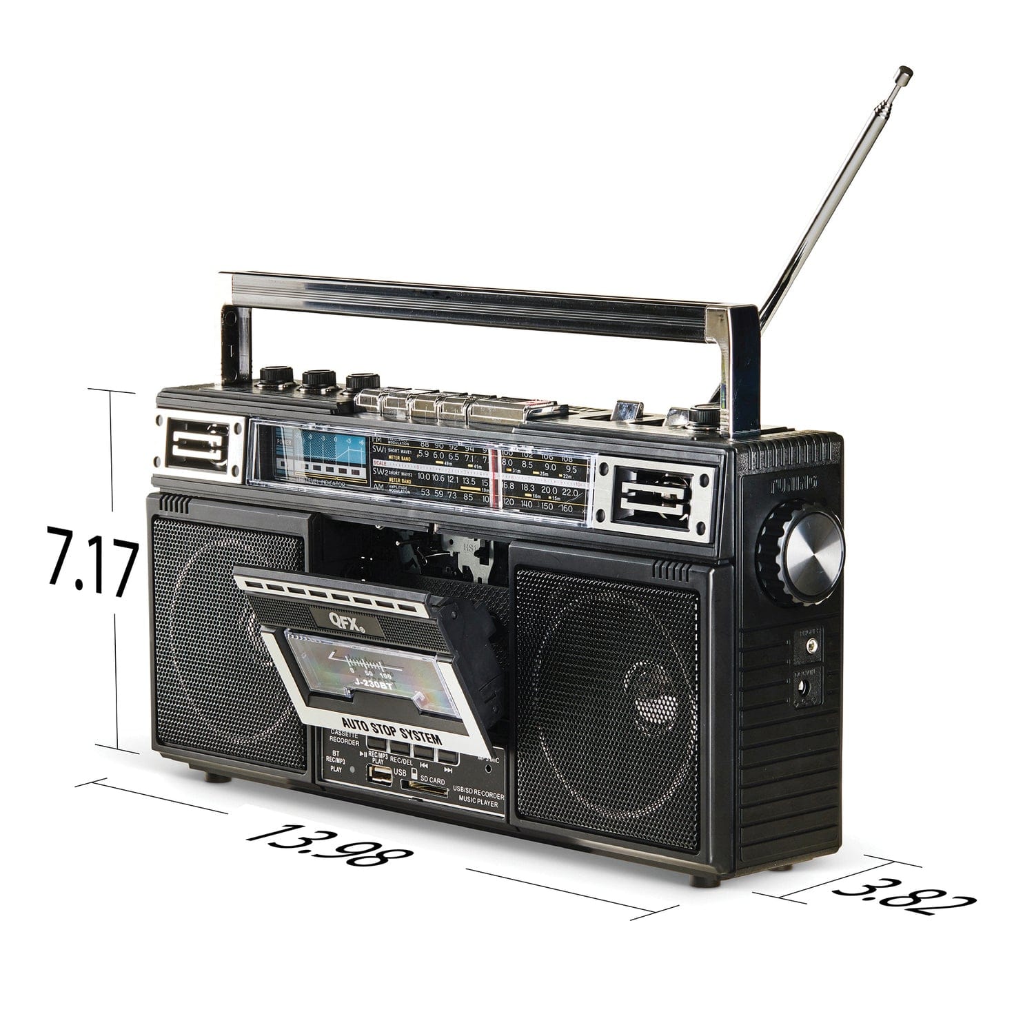 QFX Bluetooth Cassette USB/SD Card/AM/FM/SW1-2 Radio Boom Box with USB Recording and Built-in Microphone, Black, J-230BT
