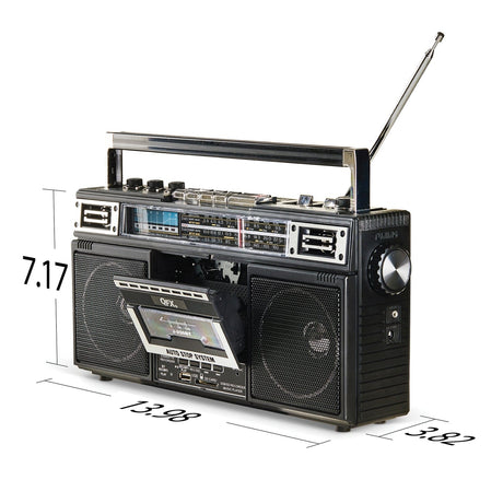 QFX Bluetooth Cassette USB/SD Card/AM/FM/SW1-2 Radio Boom Box with USB Recording and Built-in Microphone, Black, J-230BT