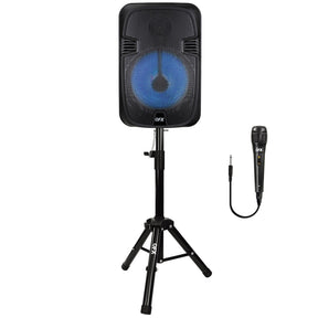 QFX PBX-1206SM 12-In. 21-Watt True Wireless Stereo Bluetooth Rechargeable Speaker with Wired Microphone, Stand, and Remote
