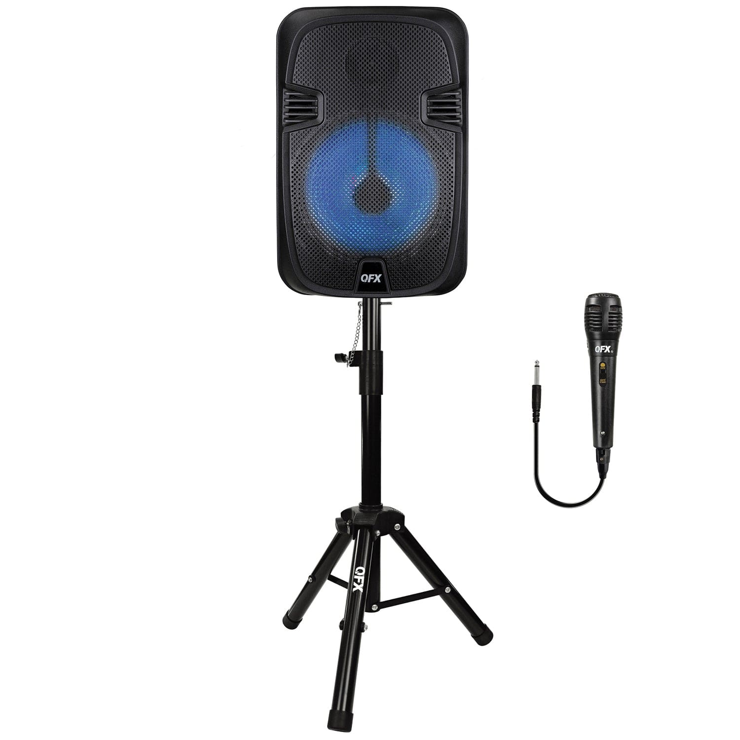 QFX PBX-1206SM 12-In. 21-Watt True Wireless Stereo Bluetooth Rechargeable Speaker with Wired Microphone, Stand, and Remote