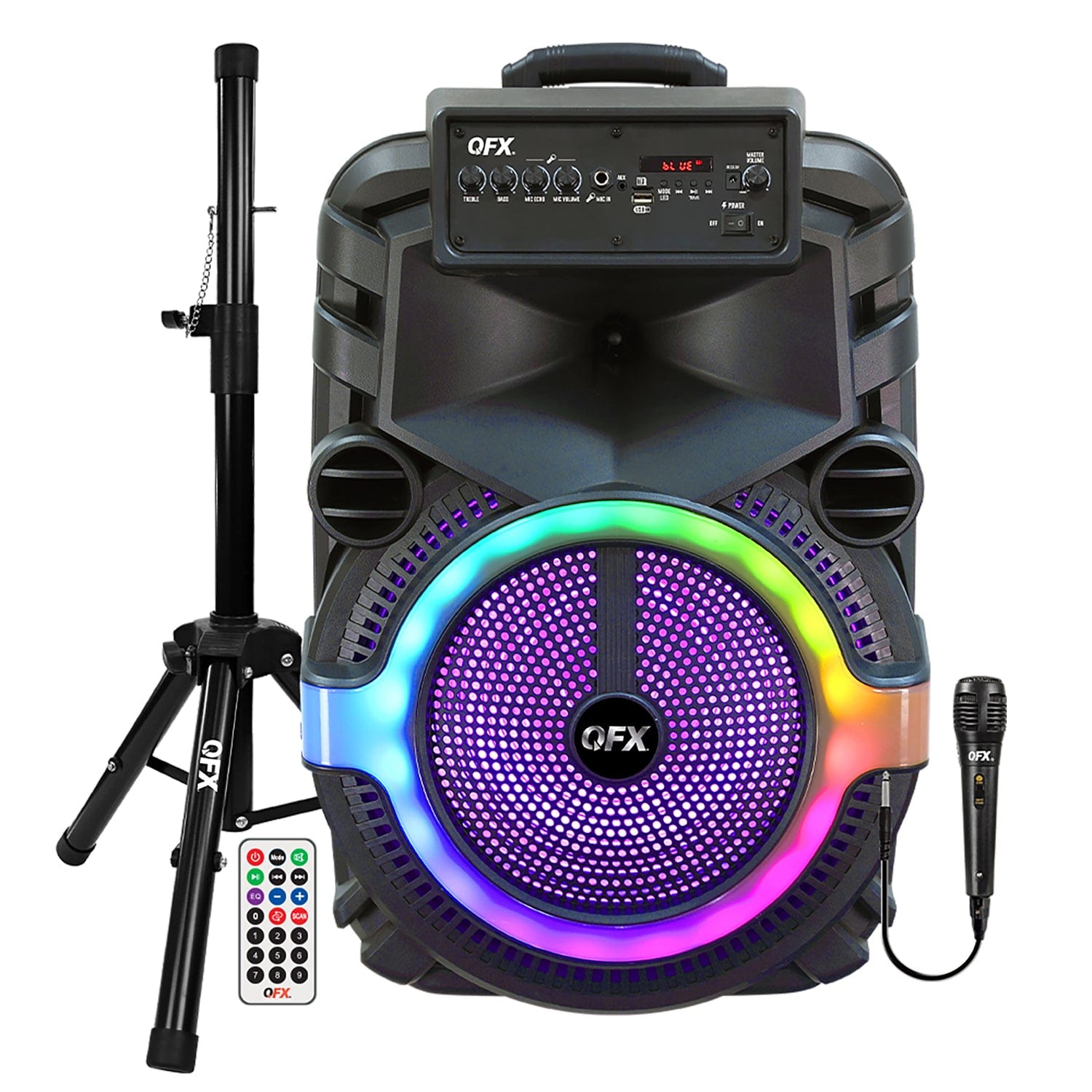 QFX Portable Bluetooth True Wireless Speaker with LEDs, Wired Microphone, and Stand, and Remote Black, PBX-158SM