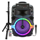 QFX Portable Bluetooth True Wireless Speaker with LEDs, Wired Microphone, and Stand, and Remote Black, PBX-158SM