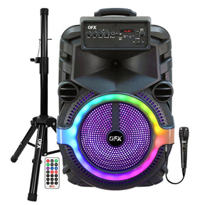QFX Portable Bluetooth True Wireless Speaker with LEDs, Wired Microphone, and Stand, and Remote Black, PBX-158SM