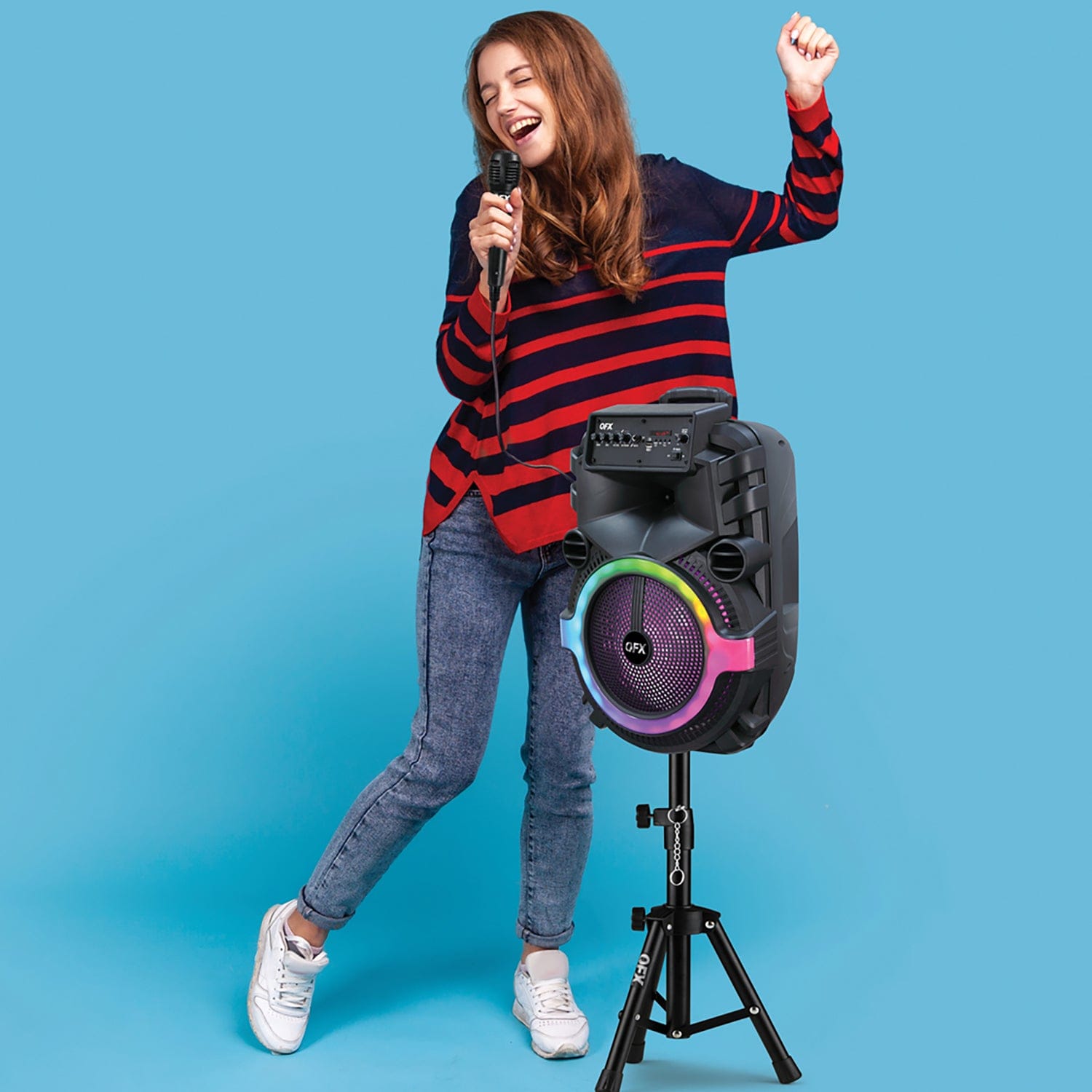 QFX Portable Bluetooth True Wireless Speaker with LEDs, Wired Microphone, and Stand, and Remote Black, PBX-158SM