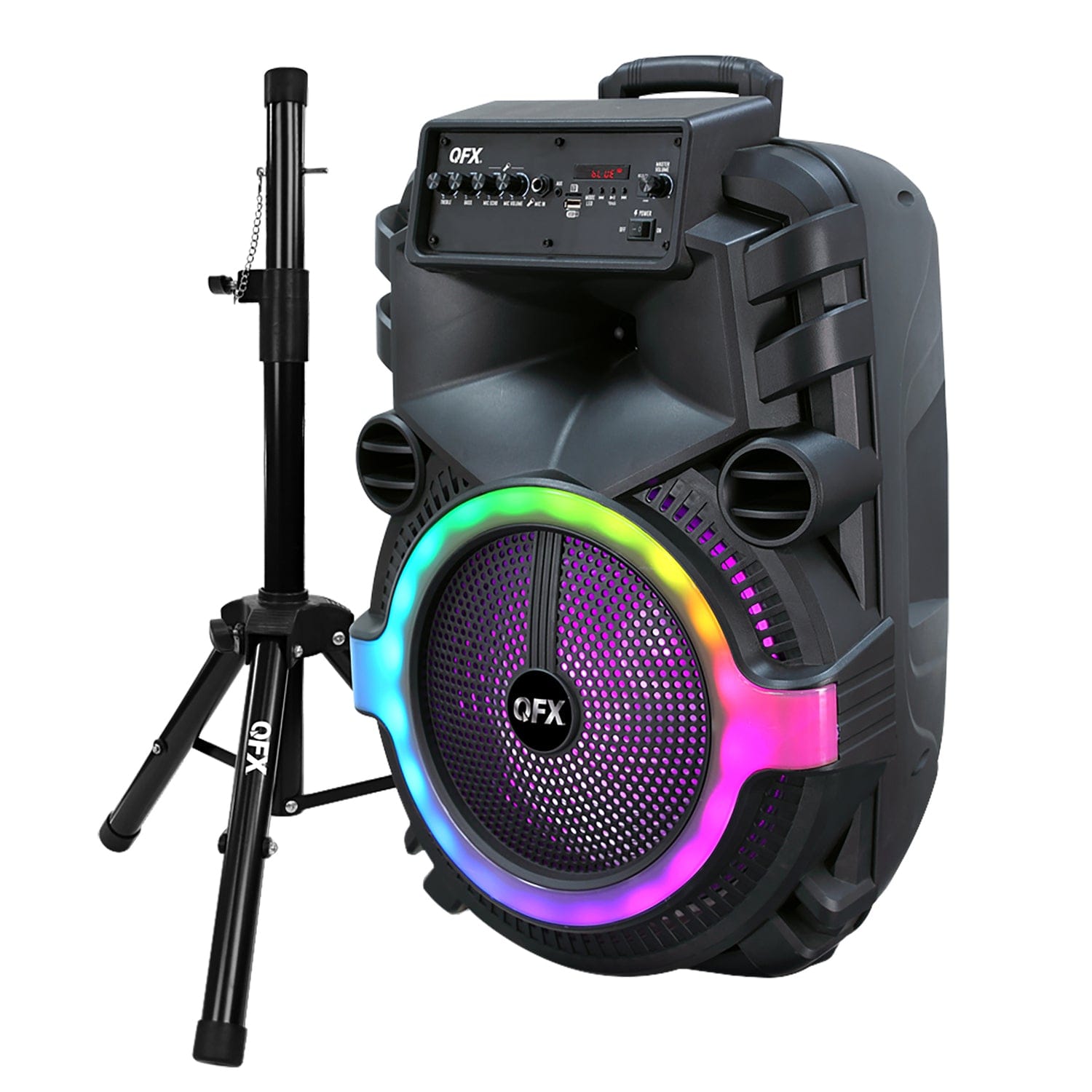 QFX Portable Bluetooth True Wireless Speaker with LEDs, Wired Microphone, and Stand, and Remote Black, PBX-158SM