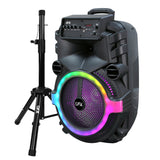 QFX Portable Bluetooth True Wireless Speaker with LEDs, Wired Microphone, and Stand, and Remote Black, PBX-158SM