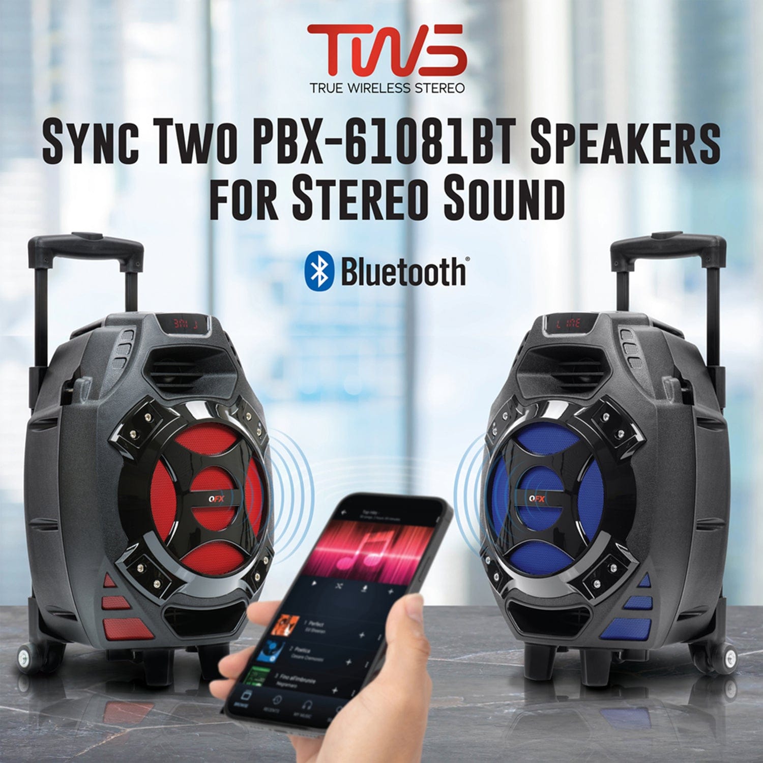QFX Portable Bluetooth True Wireless Speaker with LEDs and Remote, PBX-61081BT