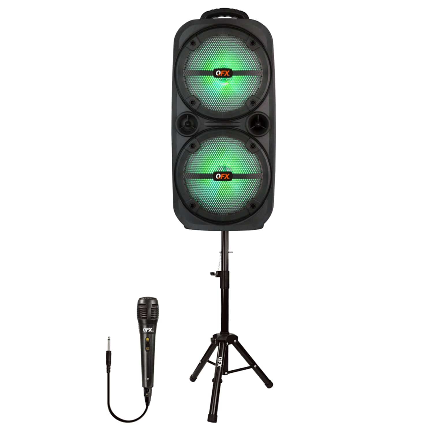 QFX Portable Bluetooth True Wireless Speaker with LEDs, Microphone, and Stand, Black, PBX-8008SM