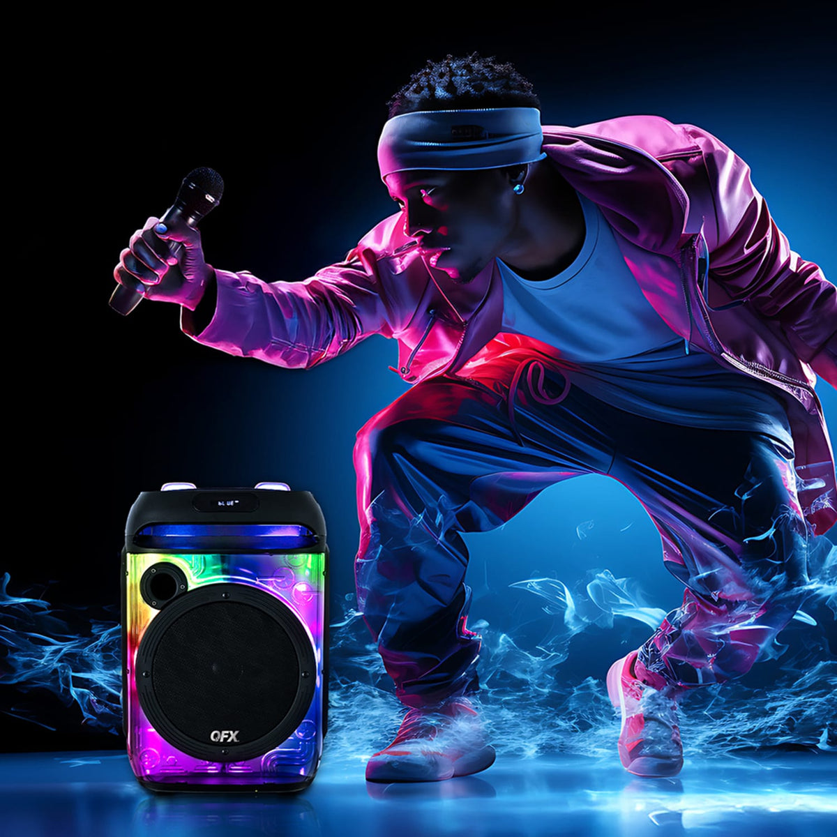 QFX 25-Watt-RMS Portable Bluetooth Rechargeable PBX-806 Party Speaker with 8-In. Woofer, Transparent Motion Lights, TWS/Wired/Wireless Mics, Remote