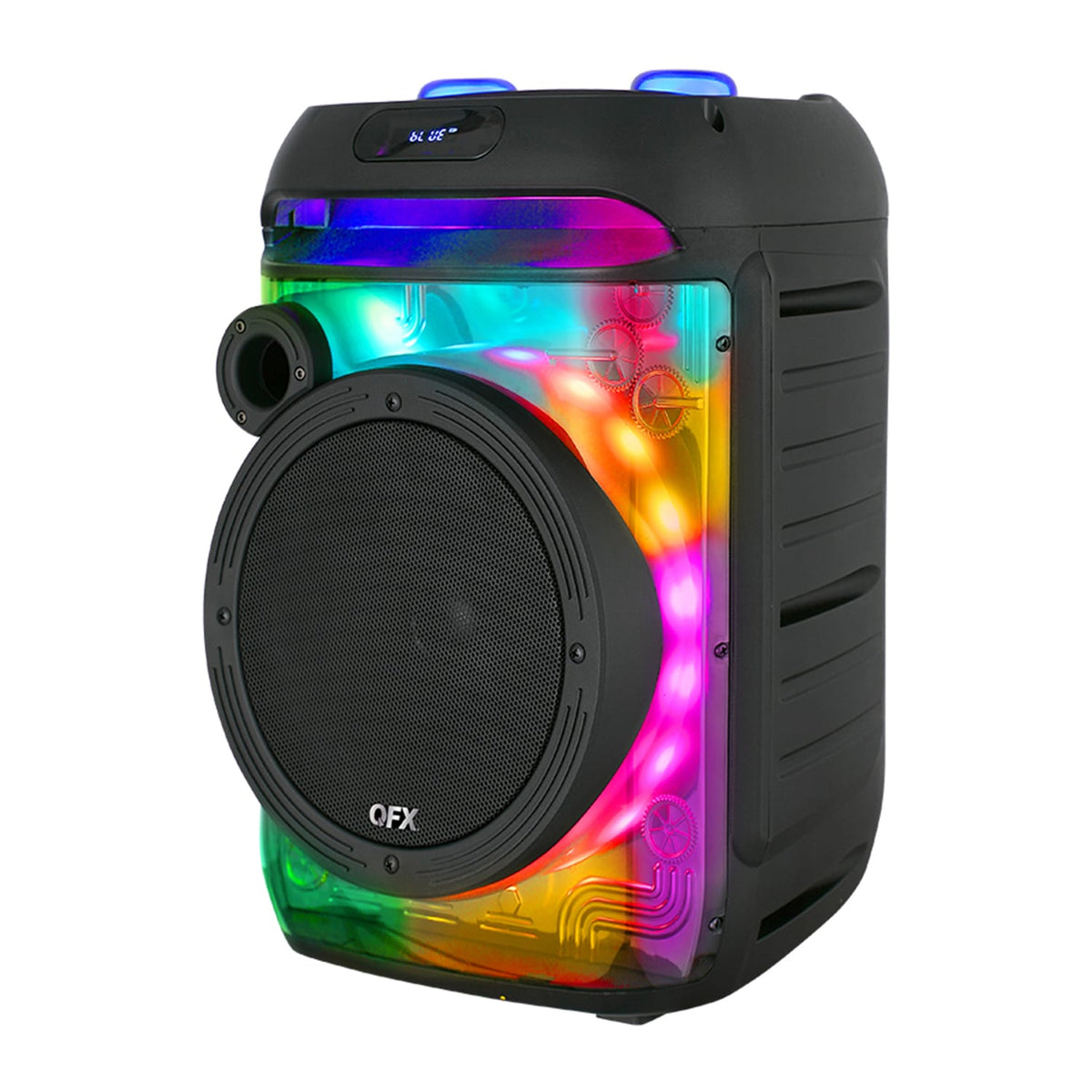 QFX 25-Watt-RMS Portable Bluetooth Rechargeable PBX-806 Party Speaker with 8-In. Woofer, Transparent Motion Lights, TWS/Wired/Wireless Mics, Remote