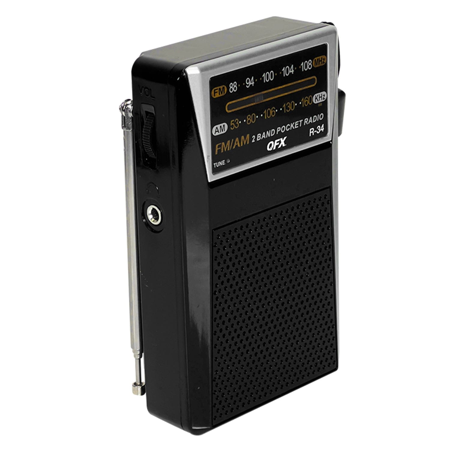 QFX Portable and Rechargeable AM/FM Radio with Headphone Output, Black, R-34