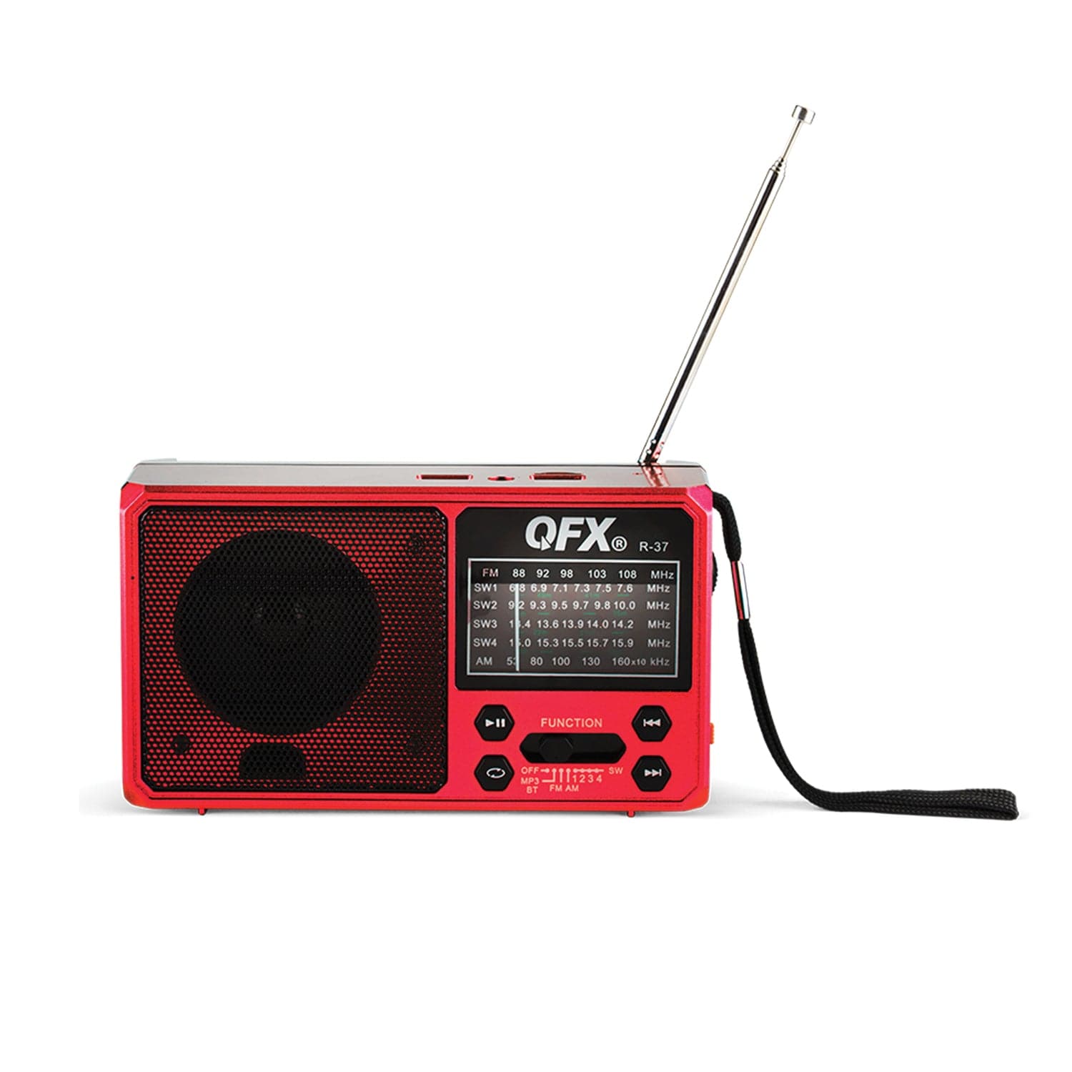 QFX Portable AM/FM/Shortwave Radio with Bluetooth, Flashlight, and Solar Panel, Red, R-37