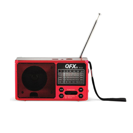 QFX Portable AM/FM/Shortwave Radio with Bluetooth, Flashlight, and Solar Panel, Red, R-37