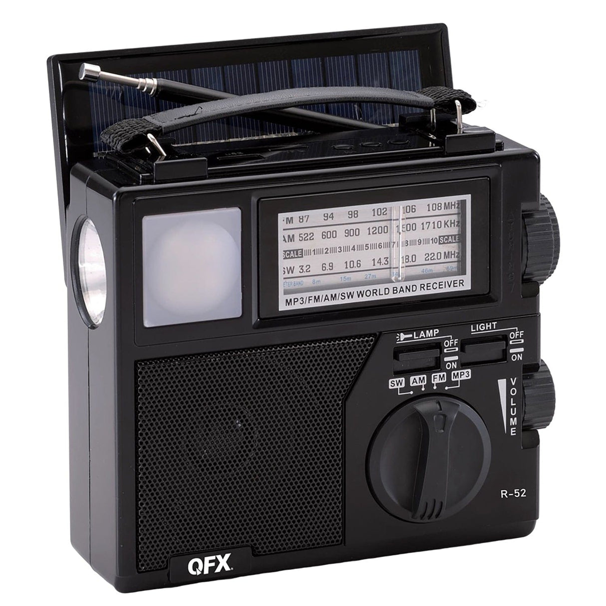 QFX Portable AM/FM/Shortwave Radio with Bluetooth, Flashlight, and Solar Panel, Black, R-52