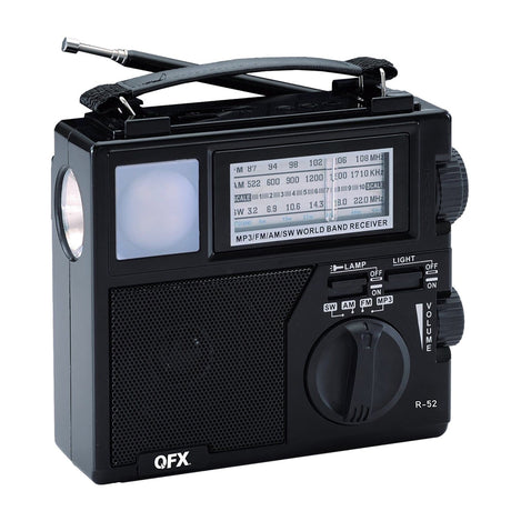 QFX Portable AM/FM/Shortwave Radio with Bluetooth, Flashlight, and Solar Panel, Black, R-52