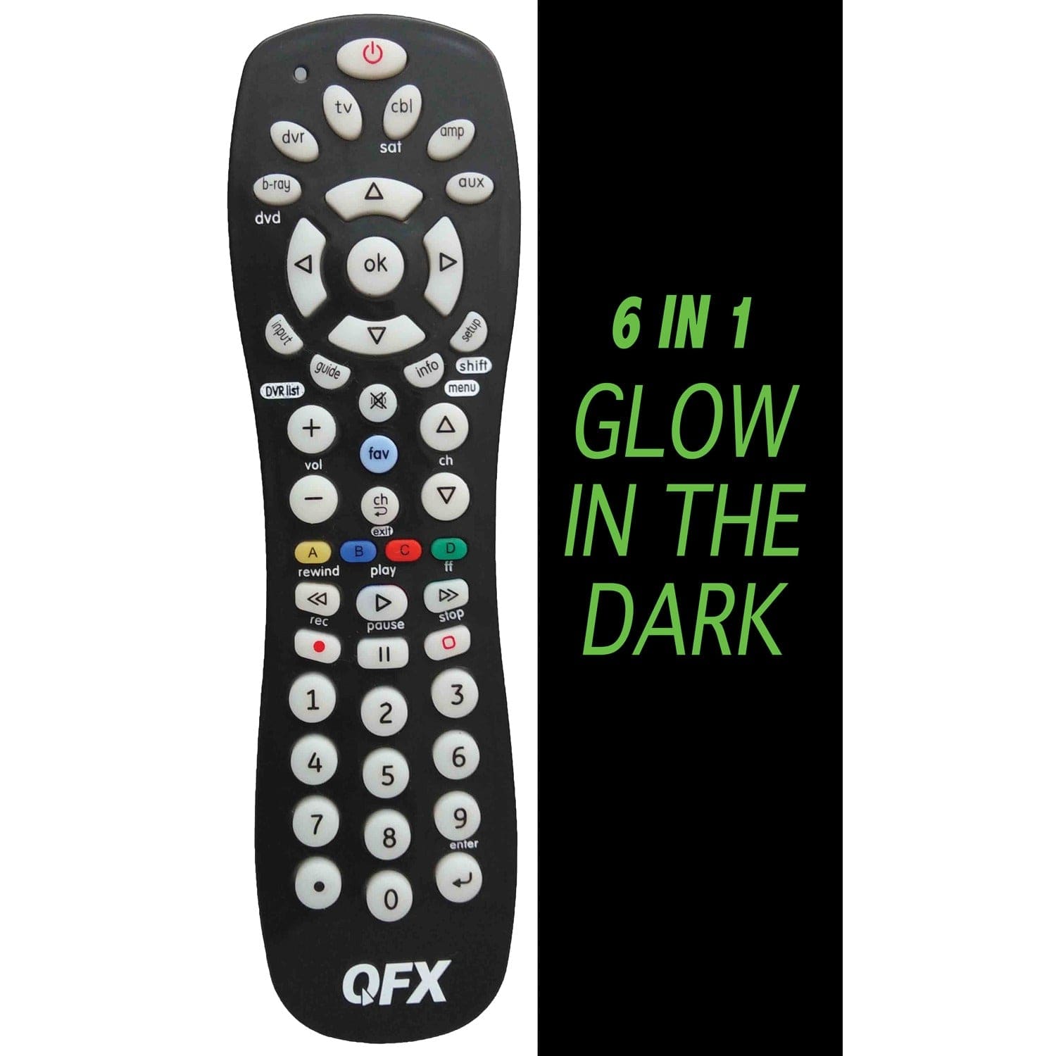 QFX 6-Device Universal Remote with Glow-in-the-Dark Buttons, Black