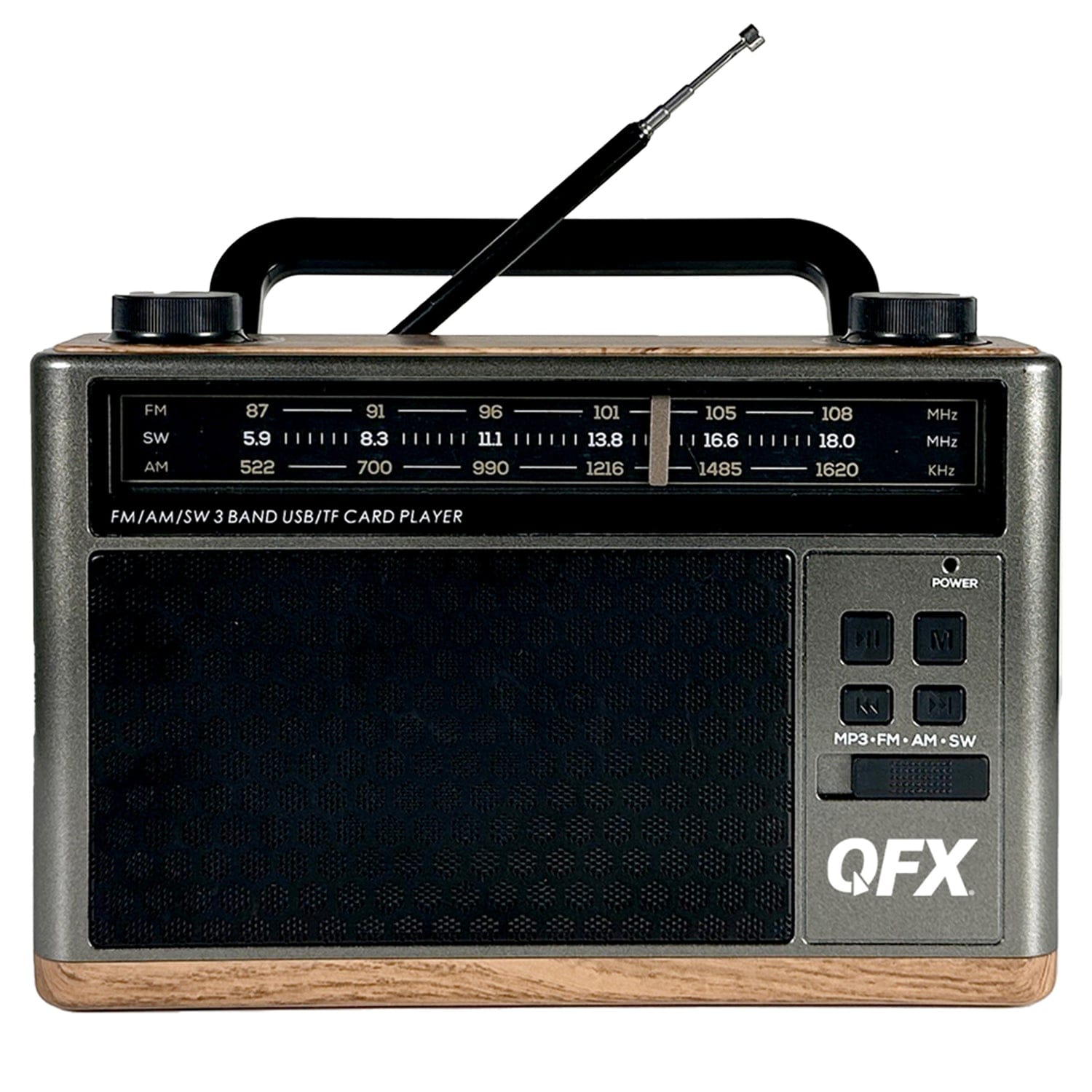 QFX Retro-Style Portable AM/FM/Shortwave Radio with Bluetooth, Flashlight, and Party Light, Brown, Retro-1937