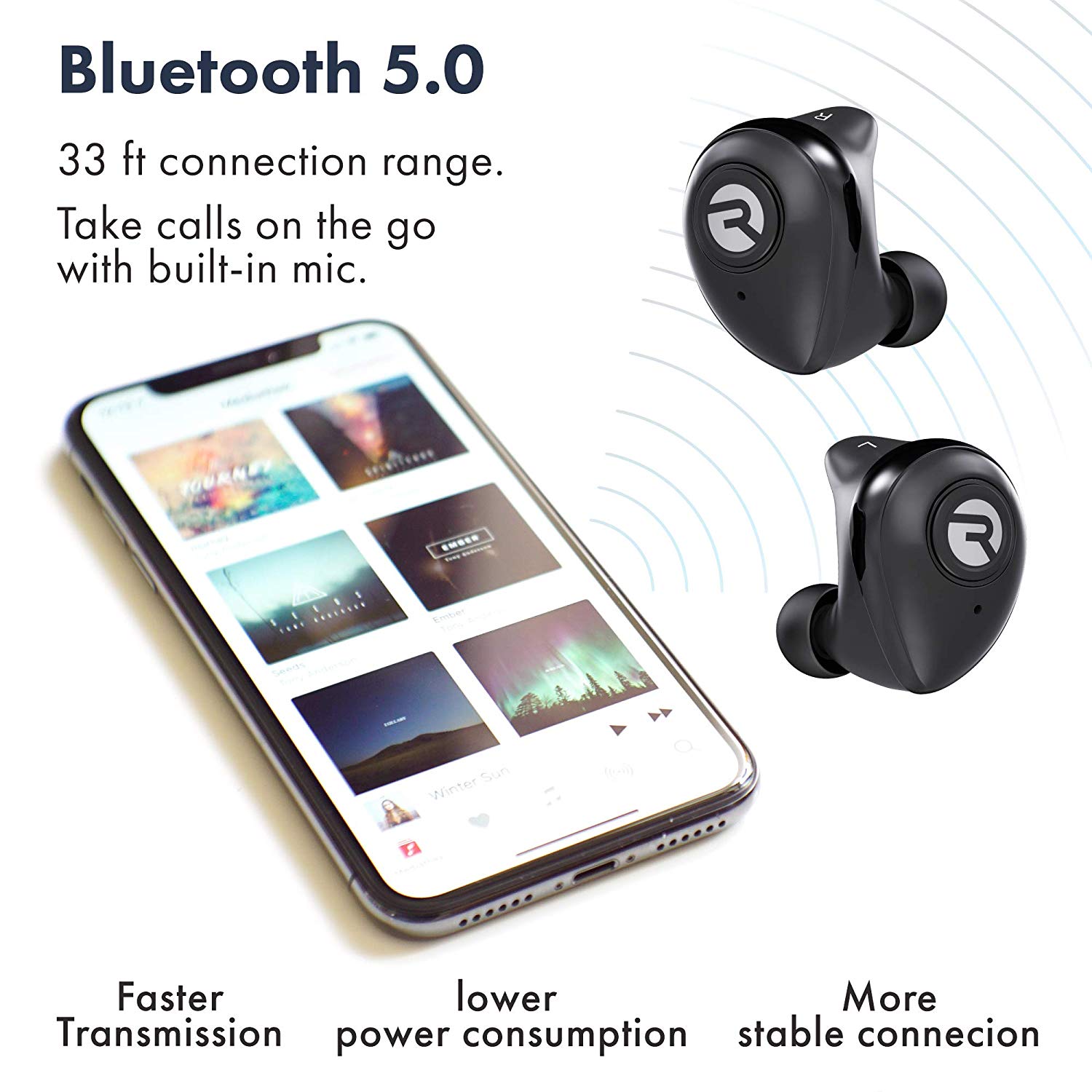 Raycon E50 Wireless Earbuds Headphones + Mic + Case Blue- Certified Refurbished