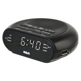 RCA Digital Radio Alarm Clock with Soothing Sounds, Brightness Control, USB Charging Port, and Battery Backup, RCS27