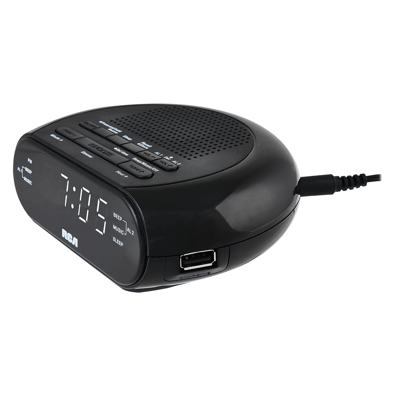 RCA Digital Radio Alarm Clock with Soothing Sounds, Brightness Control, USB Charging Port, and Battery Backup, RCS27